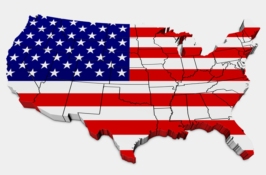 Graphic depicting the United States flag spanning a map of the 50 states