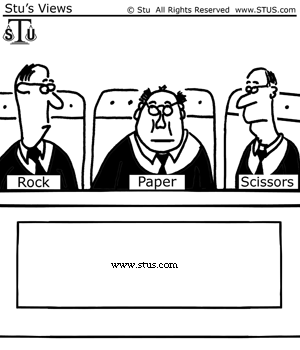 Cartoon depicting three judges named Paper, Rock, and Scissors