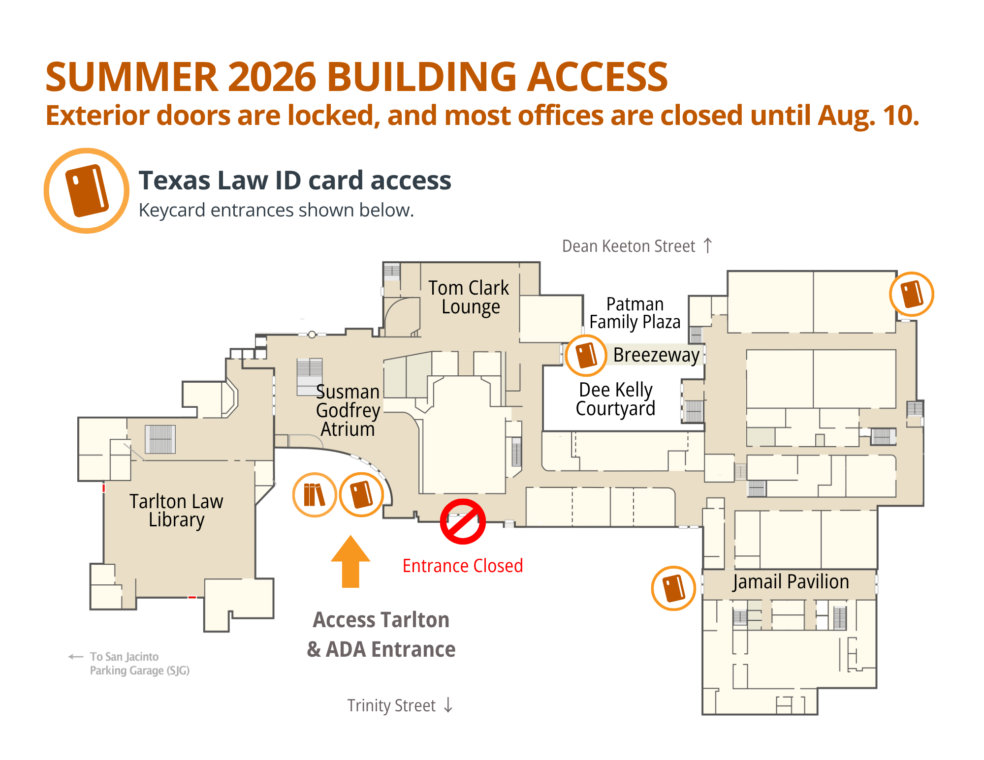 SUMMER 2026 BUILDING ACCESS:
The Tarlton Law Library is open to the public Monday-Friday, 8:00 am to 6:00 pm. Access via the ADA entrance from Trinity Street to the Susman Godfrey Atrium.

ID Badge Entry: Members of the Law School community can use their university ID cards to enter the building over the summer.

Deliveries: All deliveries to the Law School must use the following address: 721 E. Dean Keeton St., TNH 1.207, Austin, TX 78705. Deliveries are accepted 8 a.m.–2 p.m., Monday–Friday throughout the summer. If you need assistance with deliveries, please call 512-232-7801.