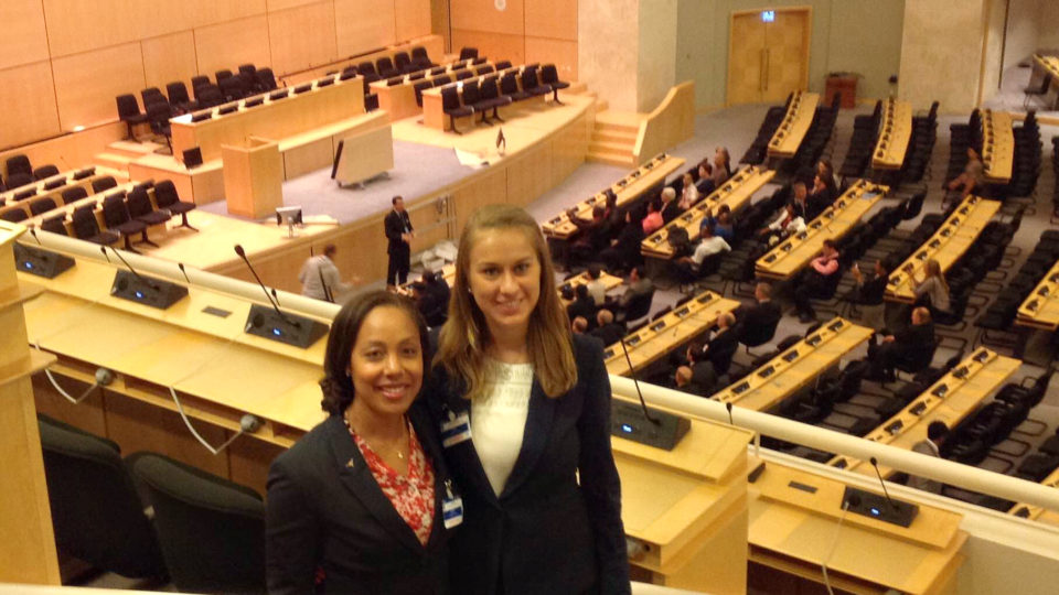 Law students Priscilla Bowens (left) and Eilidh Reid (right) at the United Nations in Geneva while traveling for the Human Rights Clinic in May 2016.