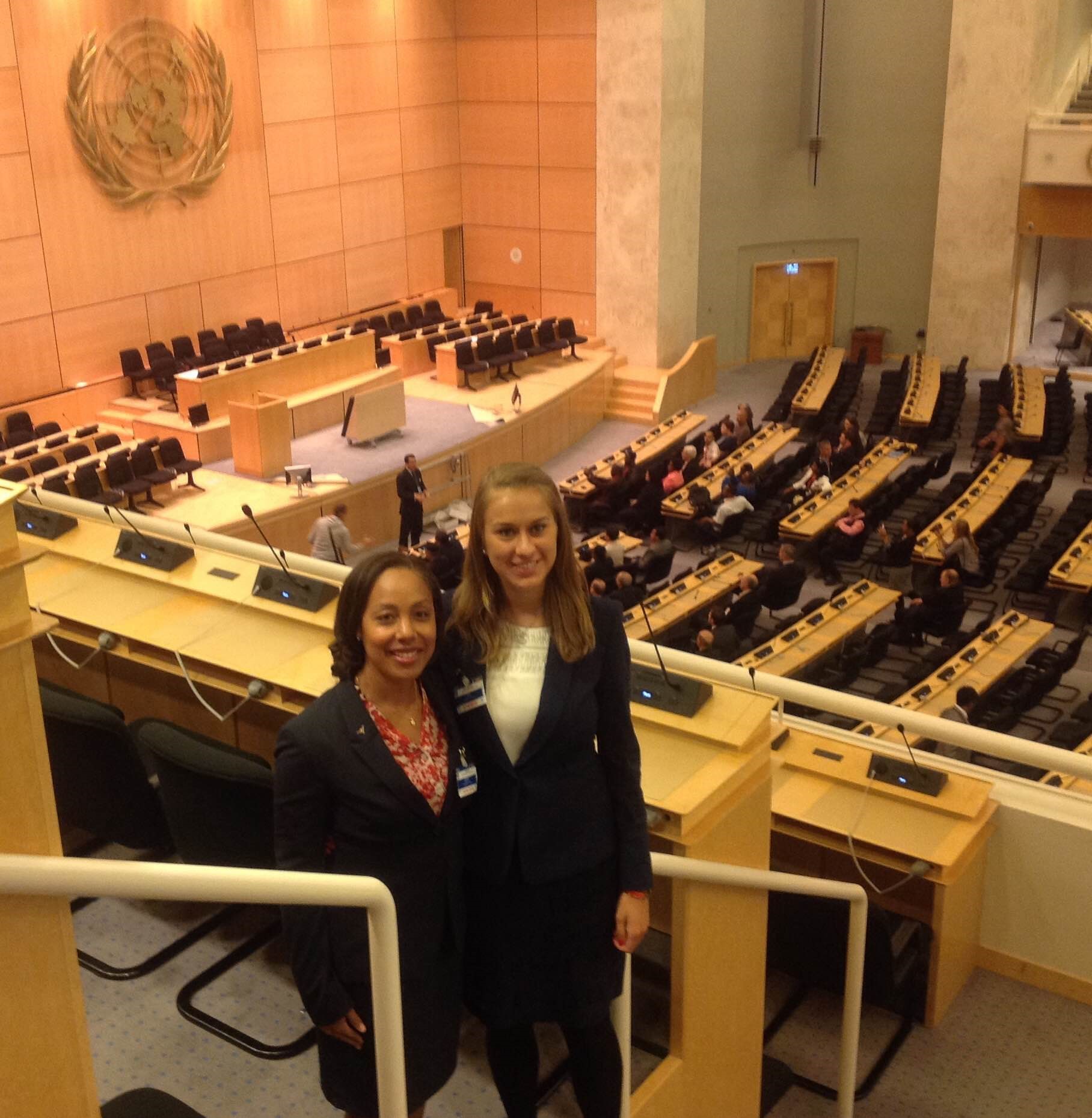 Two students from the Human Rights Clinic, Priscilla Bowens and (left to right), visited the United Nations in Geneva in May 2016.