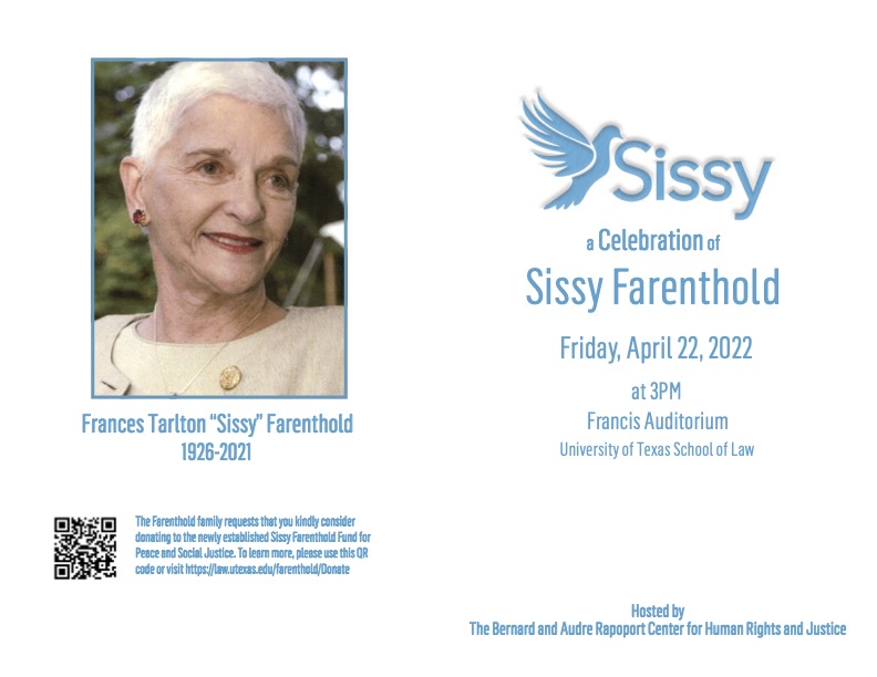 Sissy Farenthold memorial service April 22, 2022 at 2 pm