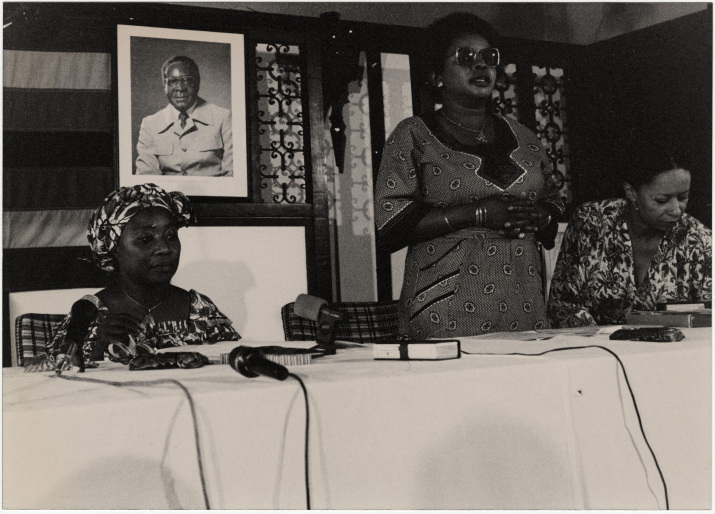 Panel discussion at an unidentified African Women's meeting, possibly the Peace Tent at the 1985 NGO forum