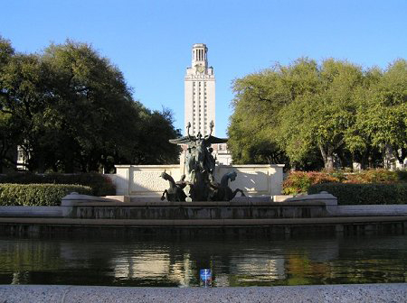 UT Tower with pond and sculpture