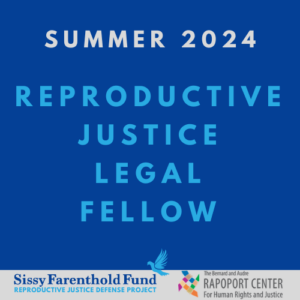text that says Summer 2024 Reproductive Justice Legal Fellow with the RJ Project and Rapoport Center logos