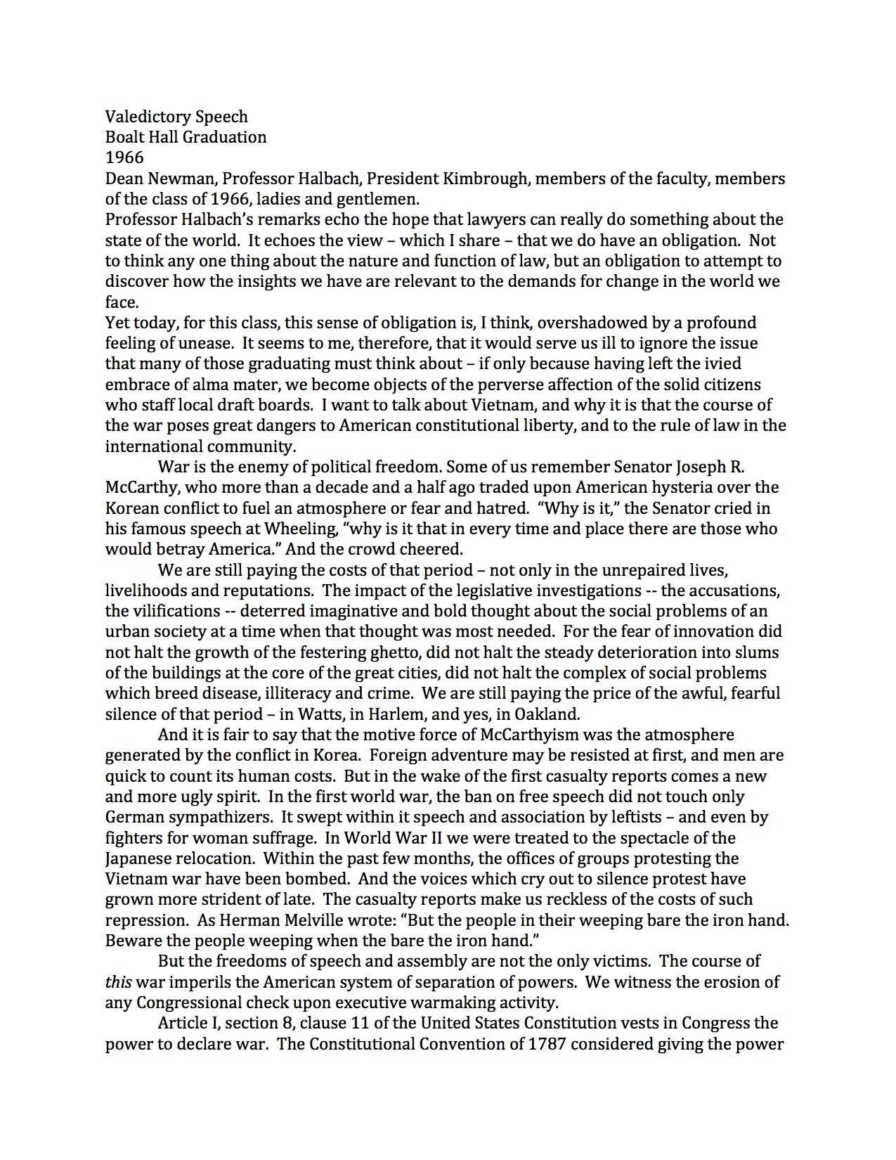 The Michael Tigar Archive Boalt Hall Valedictory Graduation Speech