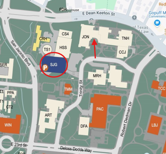 Map of the Law School campus denoted the San Jacinto Garage in blue