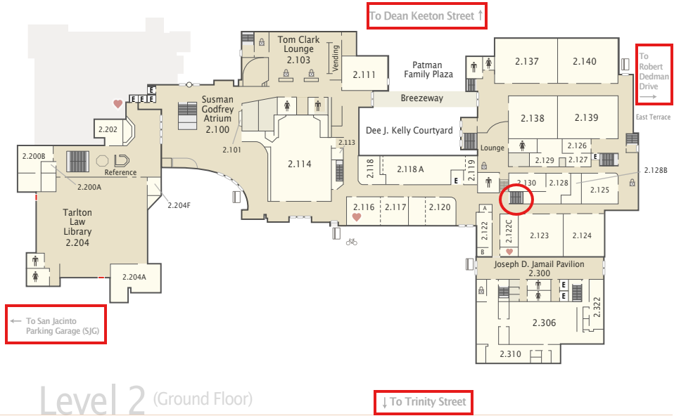Texas Law map of second level indicating a staircase enclosed within a red circle leading up to the Career Services Office.
