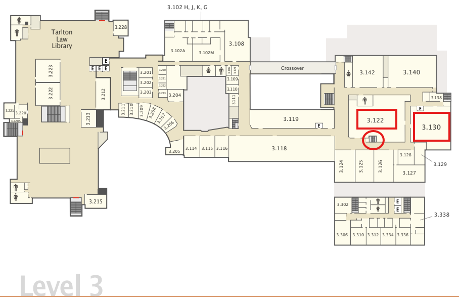 Texas Law map of third level indicating a staircase enclosed within a red circle leading to the Career Services Office and Interview Suite.