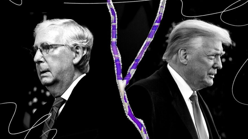 Stylized graphic featuring black and white images of Donald Trump and Mitch McConnell facing away from one another with a divide between them and a pink and purple background depicting the House of Representatives.