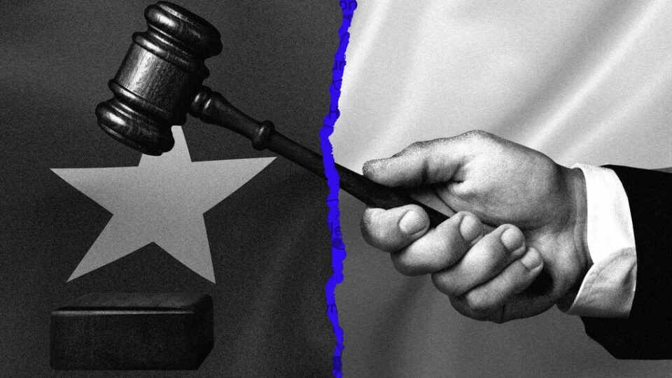 Design of Texas flag and a law gavel over a blue wash map