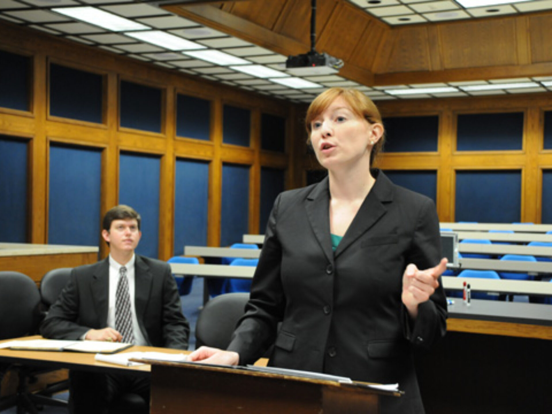 Will Hailey and Kaitlin Farrell practice for the ABA National Appellate Advocacy Competition in the Law School's Jeffers Courtroom.