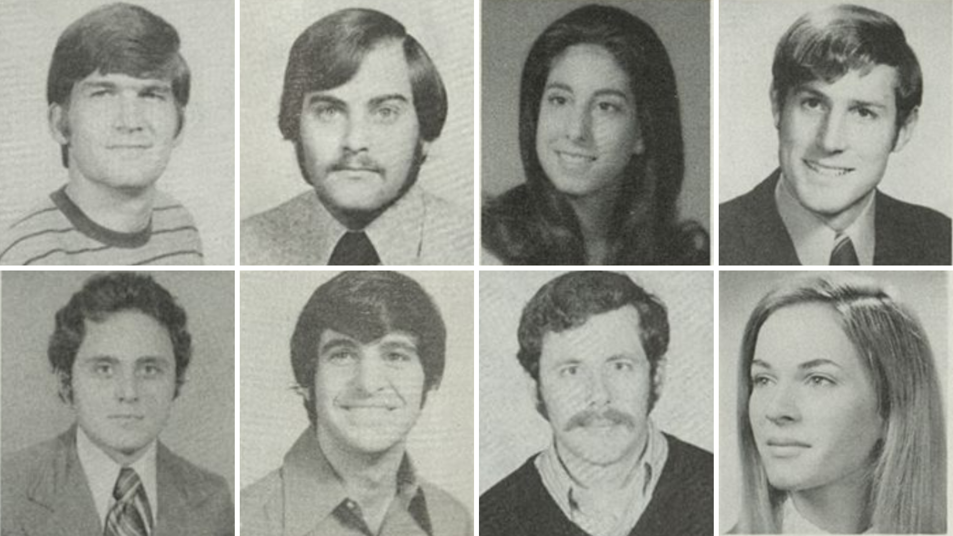 Pictured (top row, from left): Raymond Durbin '74, Mike McKool '74, the Hon. Marilyn Aboussie '74, Doug John '74; (bottom row, from left): Glenn "Pat" Patterson '74, Bruce Broillet '74, Clark Stanton '74, Wendy John '74