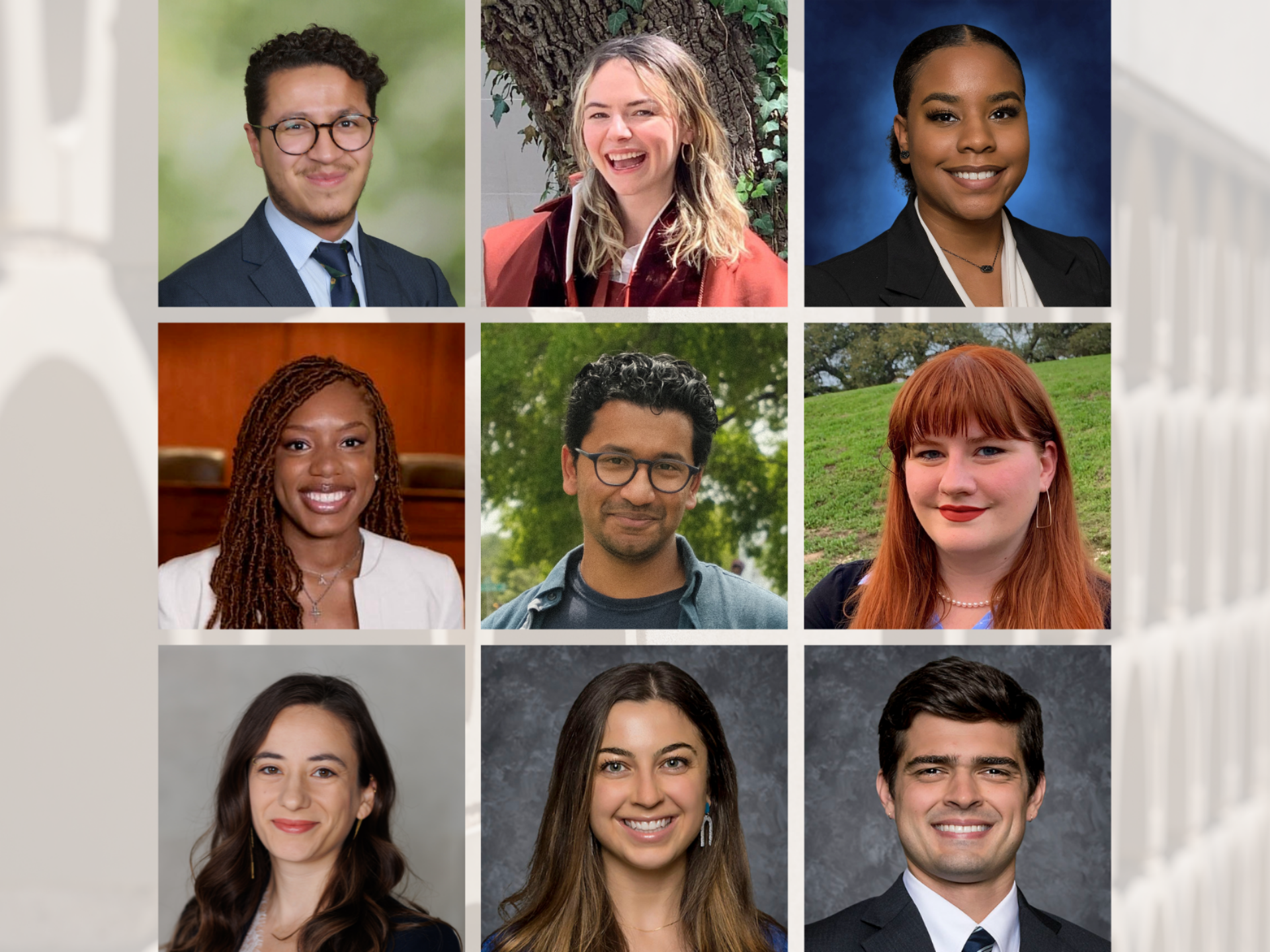 A grid with photographs of 9 law students who received public service fellowships.
