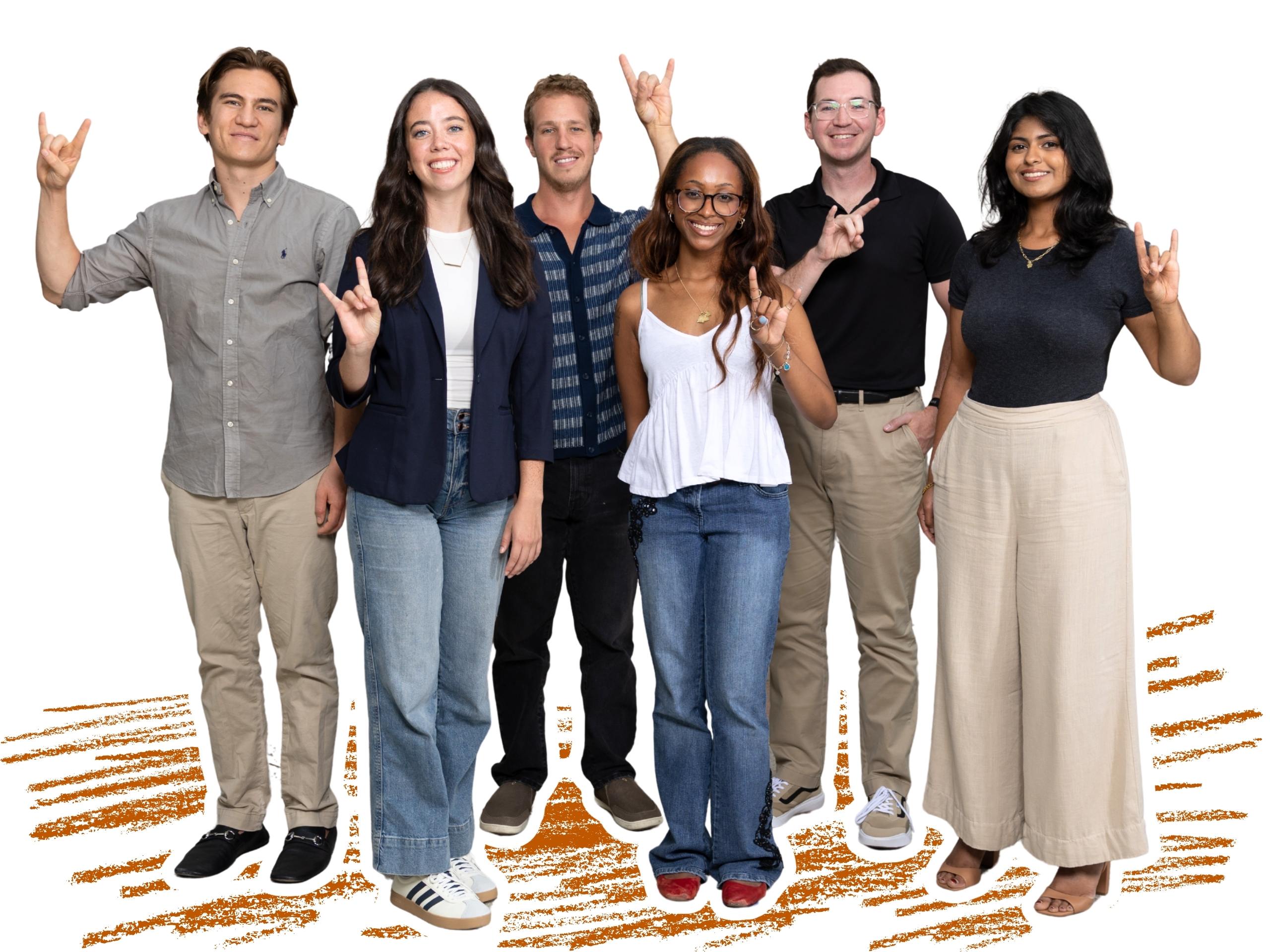 Portrait of Liam Herrera, Emily Piter, Ben Dunbar, Andreana Faucette, Kyle Gotimer, and Kavya Balaji.