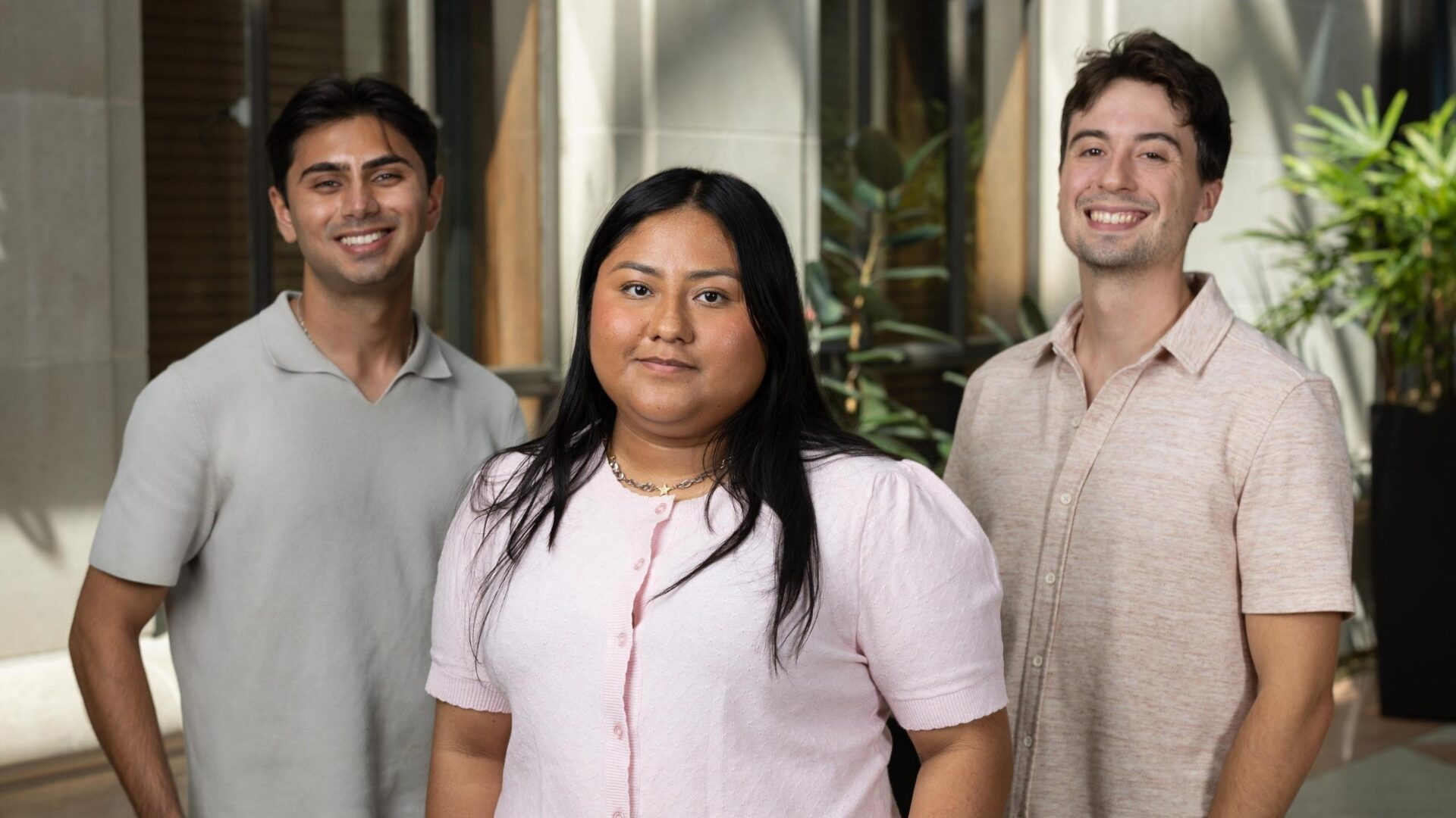 Photo of three students who are 2026 Public Interest Scholars: Ali Arwani, Karina A. Cavazos Gonzalez, and Luke Staffelbach