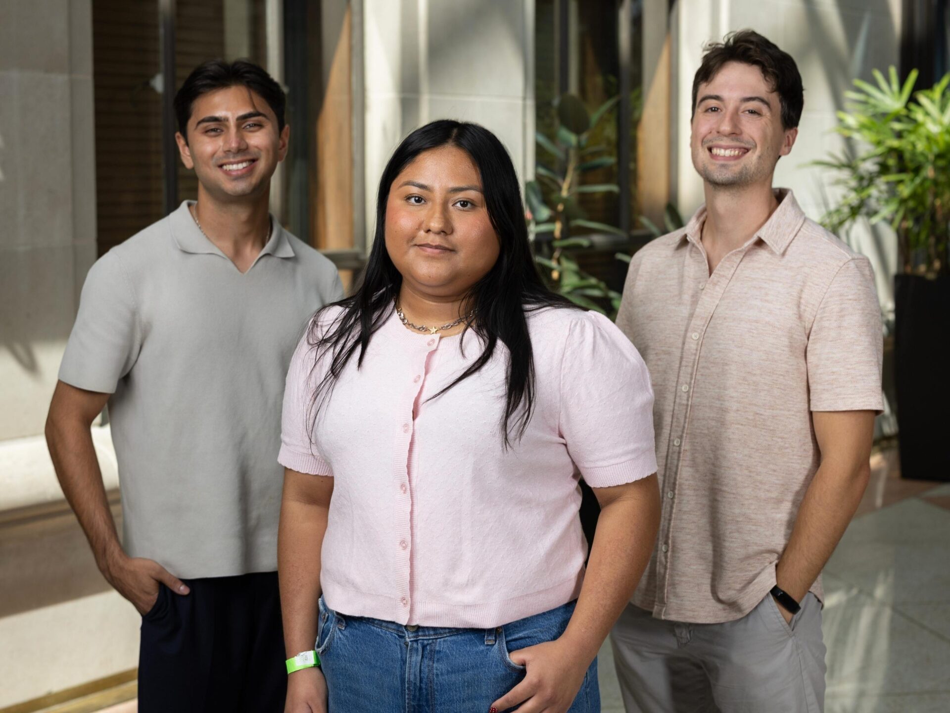Photo of three students who are 2026 Public Interest Scholars: Ali Arwani, Karina A. Cavazos Gonzalez, and Luke Staffelbach