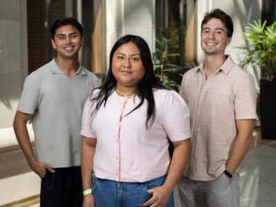 Photo of three students who are 2026 Public Interest Scholars: Ali Arwani, Karina A. Cavazos Gonzalez, and Luke Staffelbach