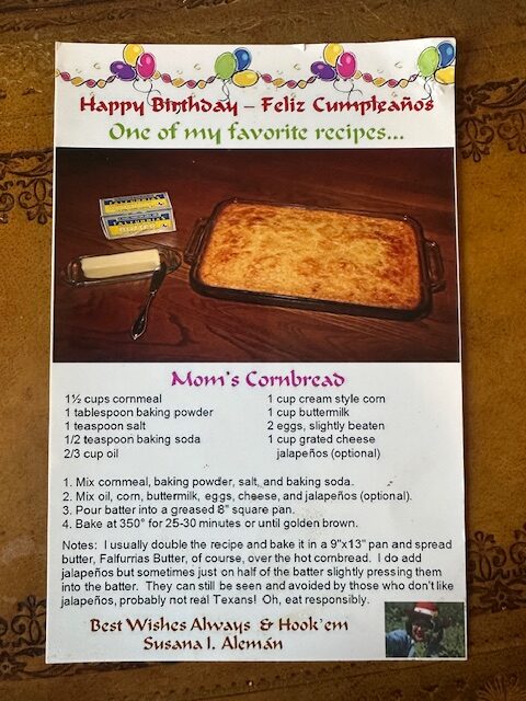 A cornbread recipe birthday postcard that Alemán sent to Angélica Salinas Evans ’95.