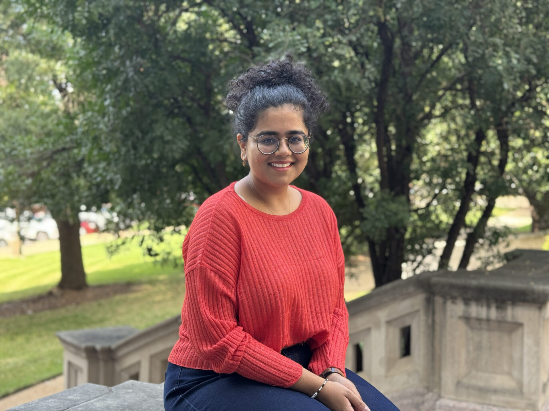 Photograph of Ananya Dwivedi outside of the CCJ.