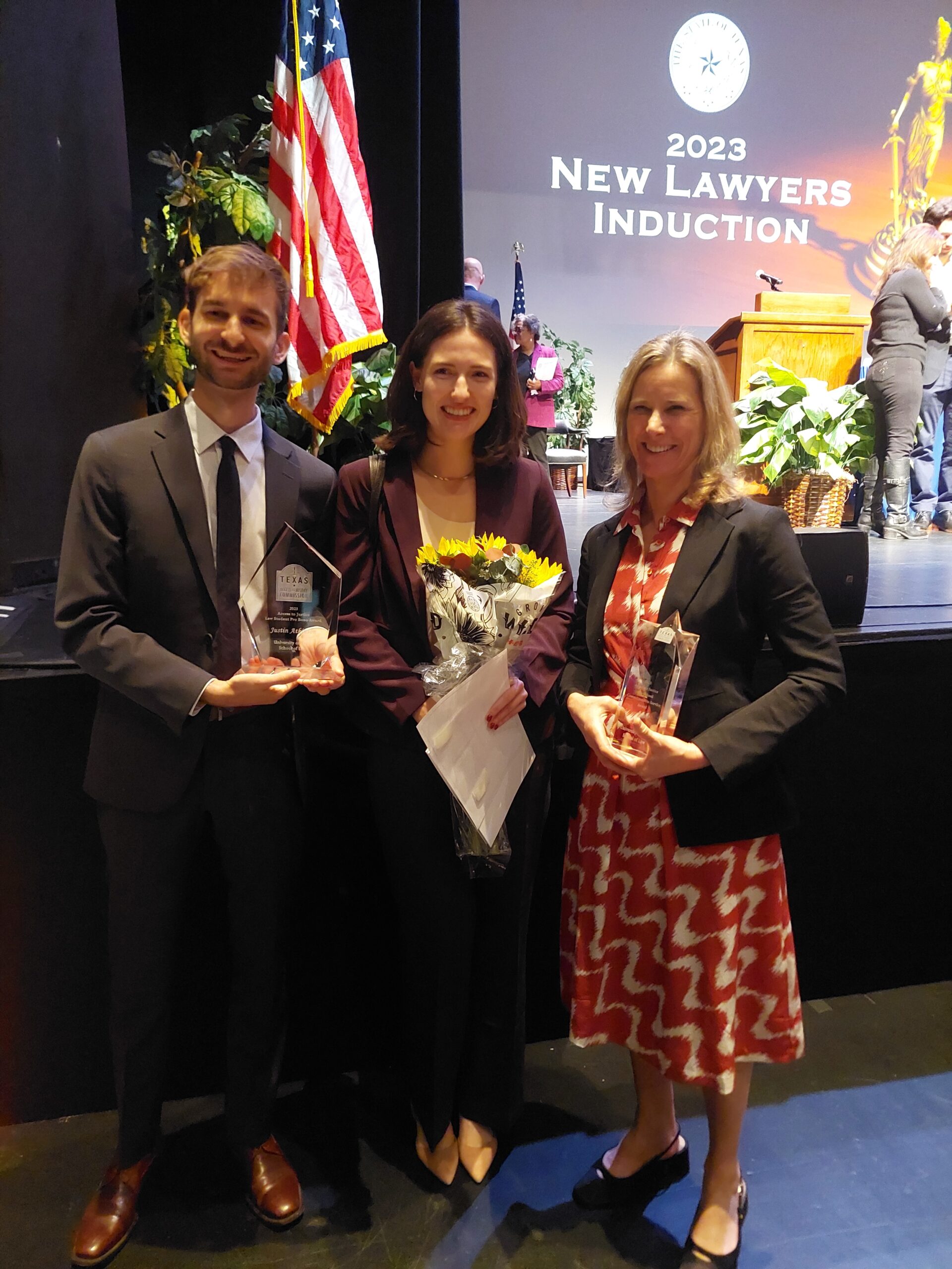 Justin Atkinson '24, Catherine Buthod '23, and Associate Dean Susan Morse at the TAJC Awards ceremony