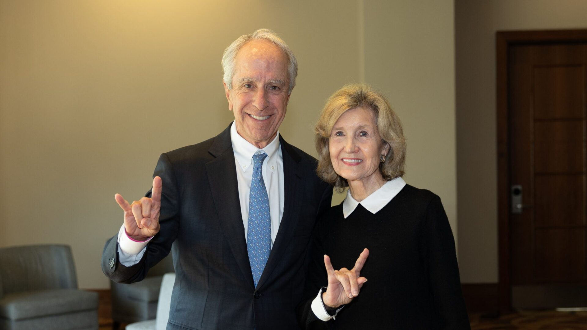 Former U.S. Sen. Kay Bailey Hutchison, the founding member of the KBH Energy Center, and KBH Energy Center Executive Director Jack Balagia show their Longhorn pride. Both spoke at the KBH Energy Center’s 2025 Energy Symposium.