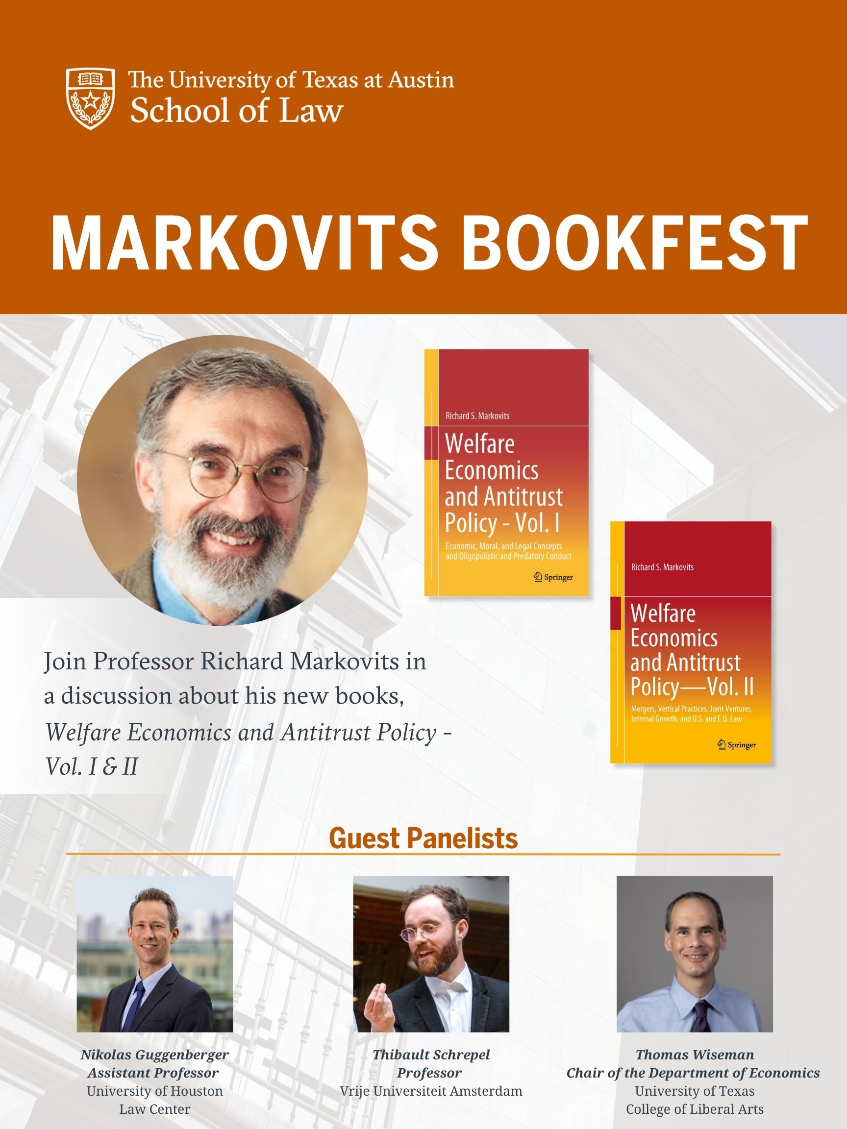 Markvits Boofest poster celebrating  “Welfare Economics and Antitrust Policy: Economic, Moral, and Legal Concepts,” a groundbreaking two-volume study by Professor Richard S. Markovits, the John B. Connally Chair in Law.   