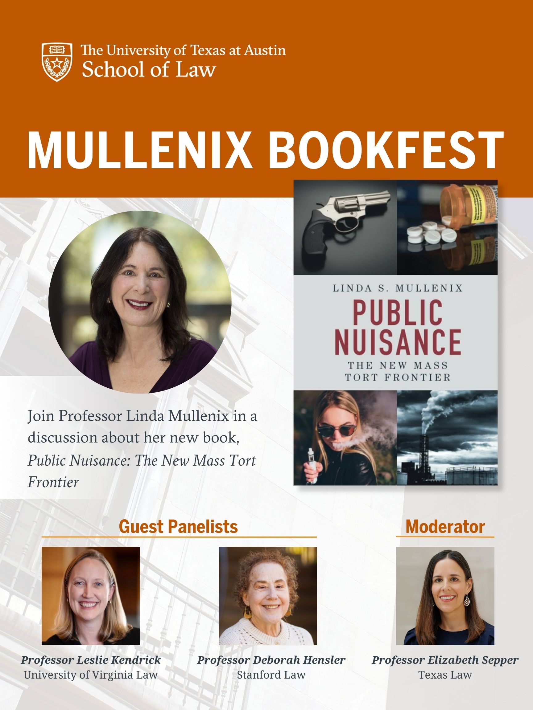 Poster for Linda Mullenix's Bookfest event.