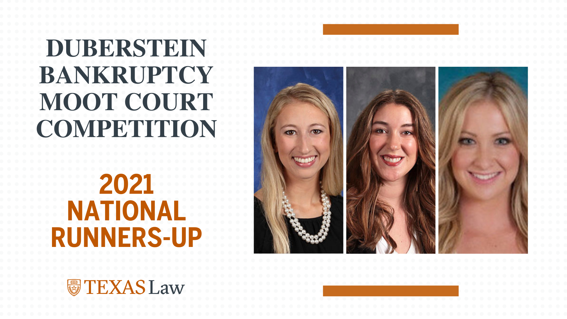 Duberstein Bankruptcy Moot Court Competition, headshots of three winners