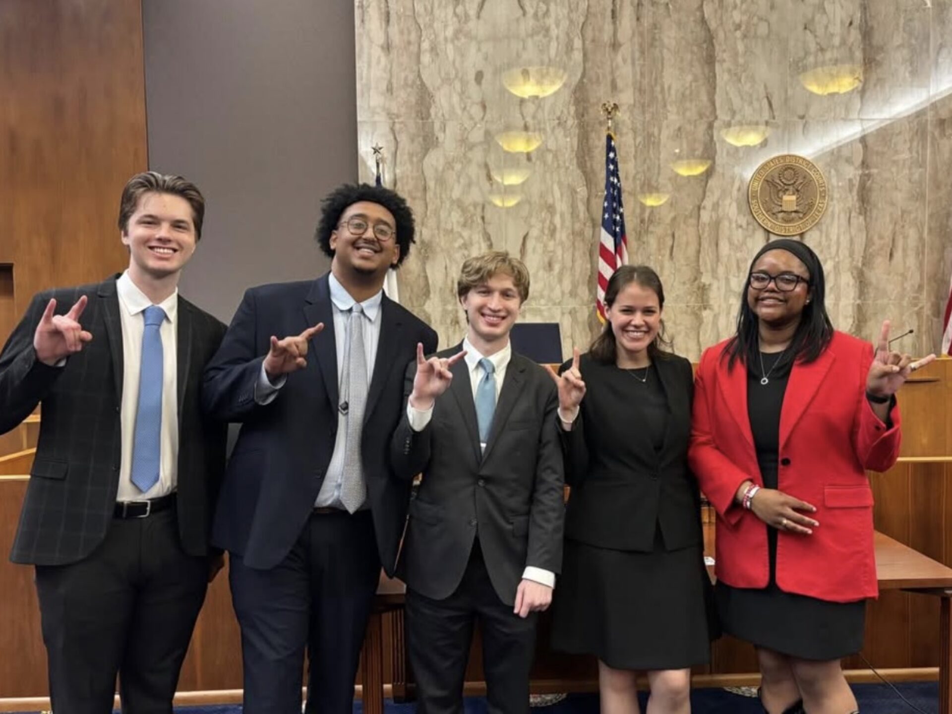 Photo of Evan Mueller, Nahom Tulu, Michael Camp, Allison Silverman, and Elizabeth Martin at the Elliott Cup