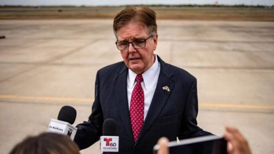 Texas Lt. Gov. Dan Patrick answers questions from reporters.