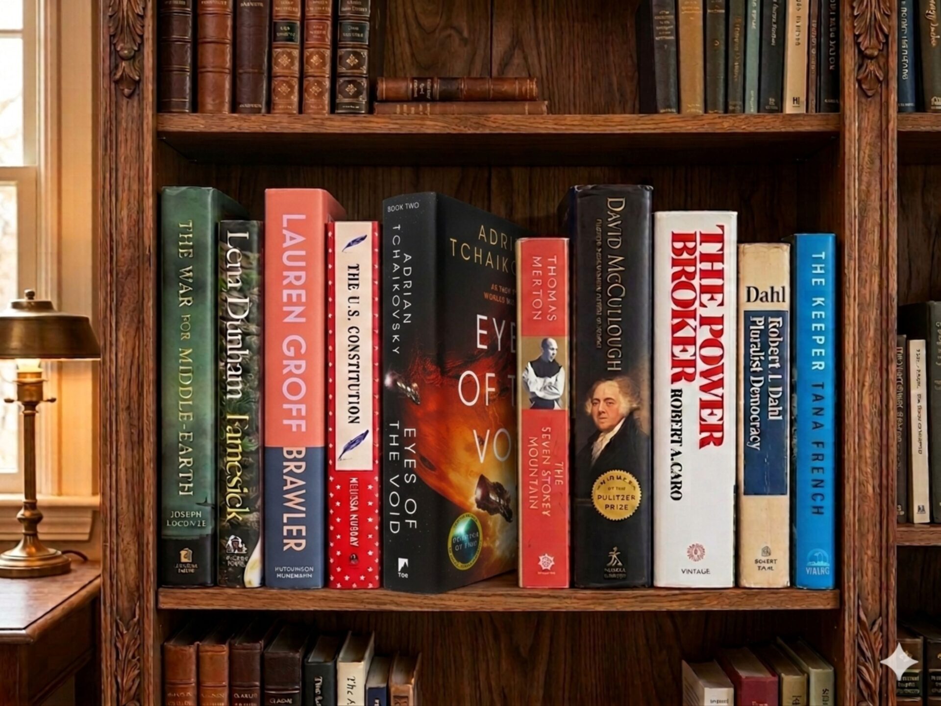 An image of books selected by Texas Law faculty sitting on a bookshelf, generated by Gemini.