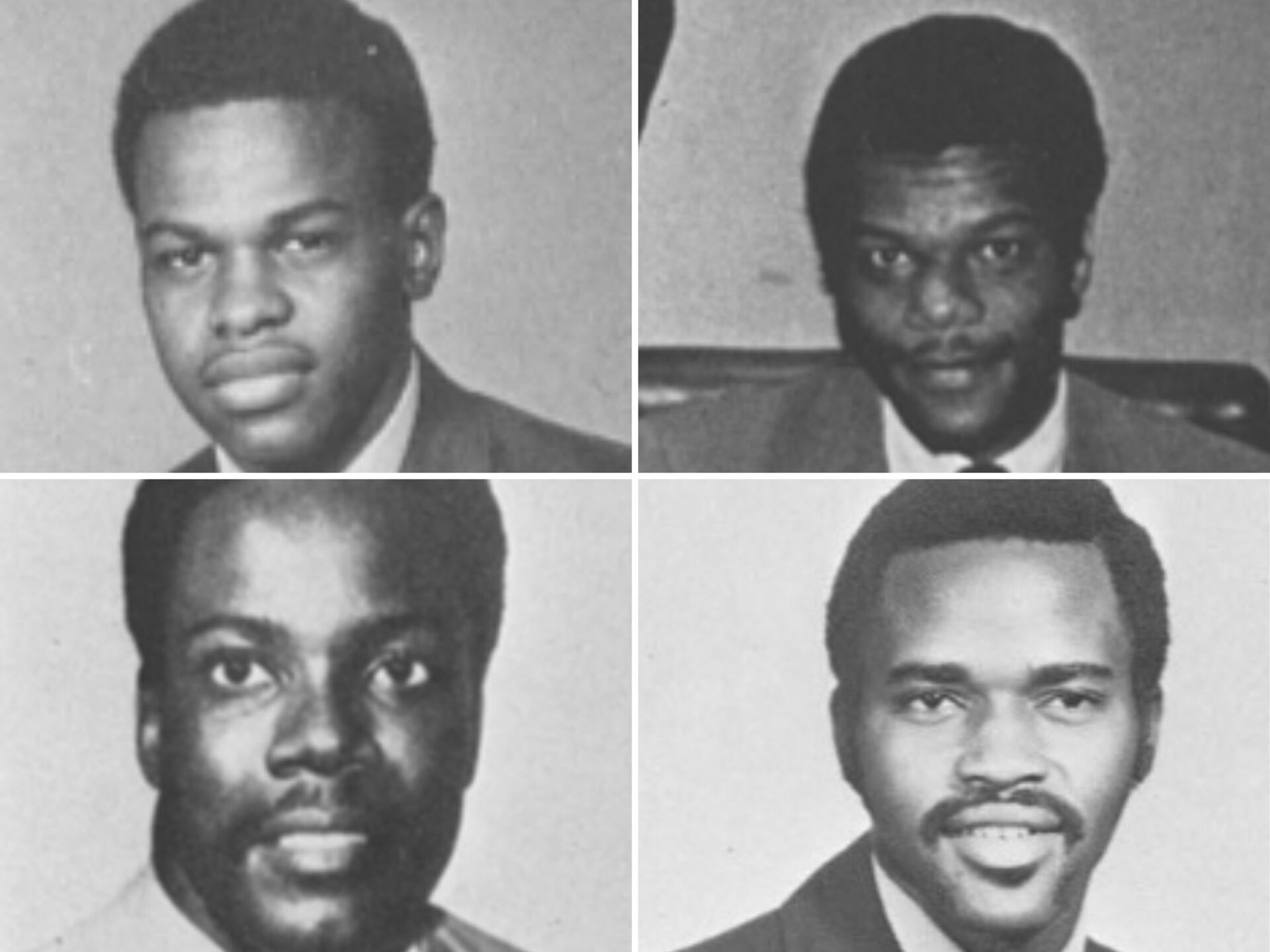 Yearbook photos of Bill Mahomes '71, Carnegie Mims '71, Richard Scott '71, and Bobby Taylor '71