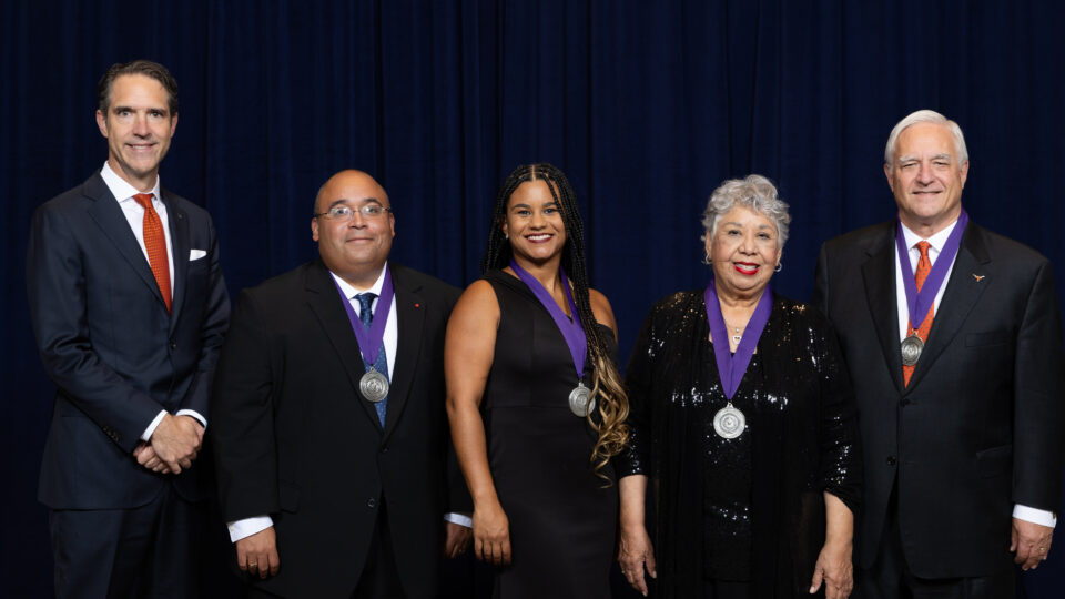 Dean Bobby Chesney, Elliott Fontenette ’09, Paige Duggins-Clay ’17, Judge Hilda Tagle Knebel ’77, and Talmage Boston ’78.