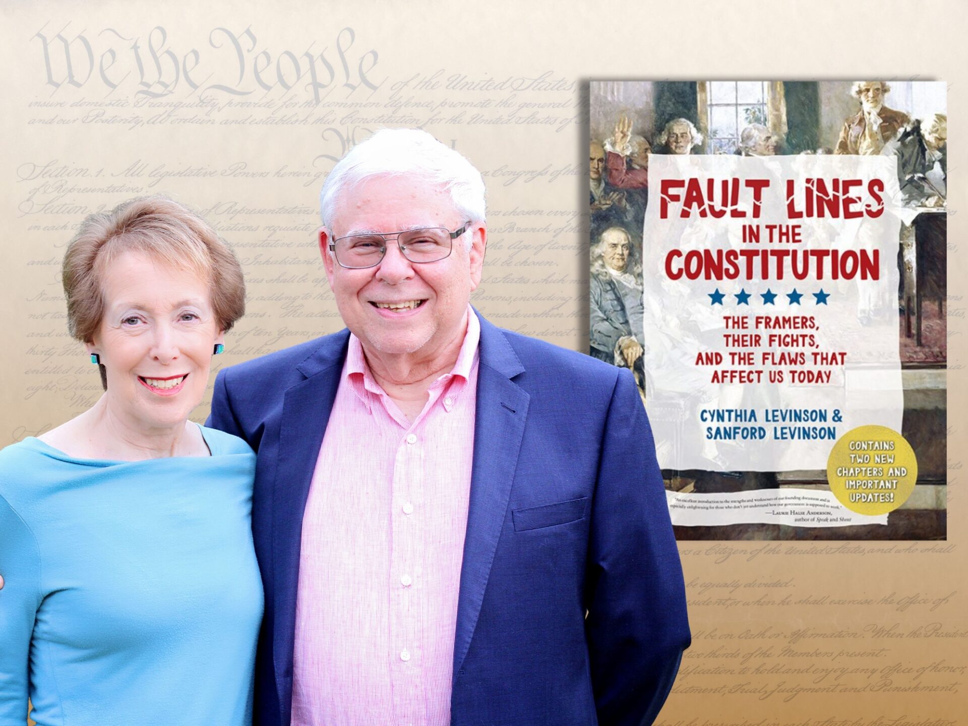 Sandy and Cynthia Levinson in front of their book "Fault Lines in the Constitution."