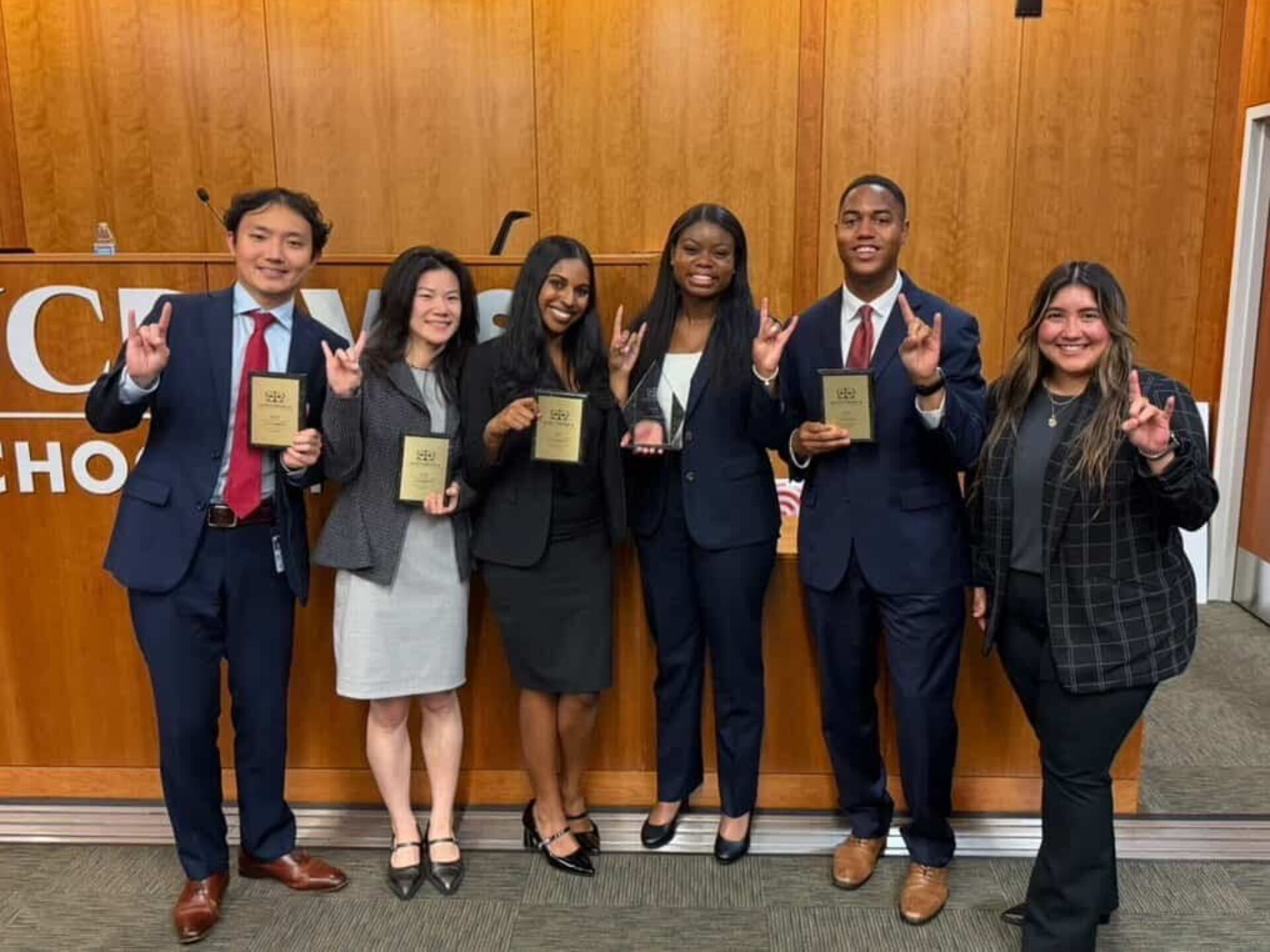 Photo of Jason Park, Anran Wang, Meera Sam, Ahryn Hancock, Joseph Holden, and Coach Liliana Jayme at the MLK Jr. National Civil Rights Trial