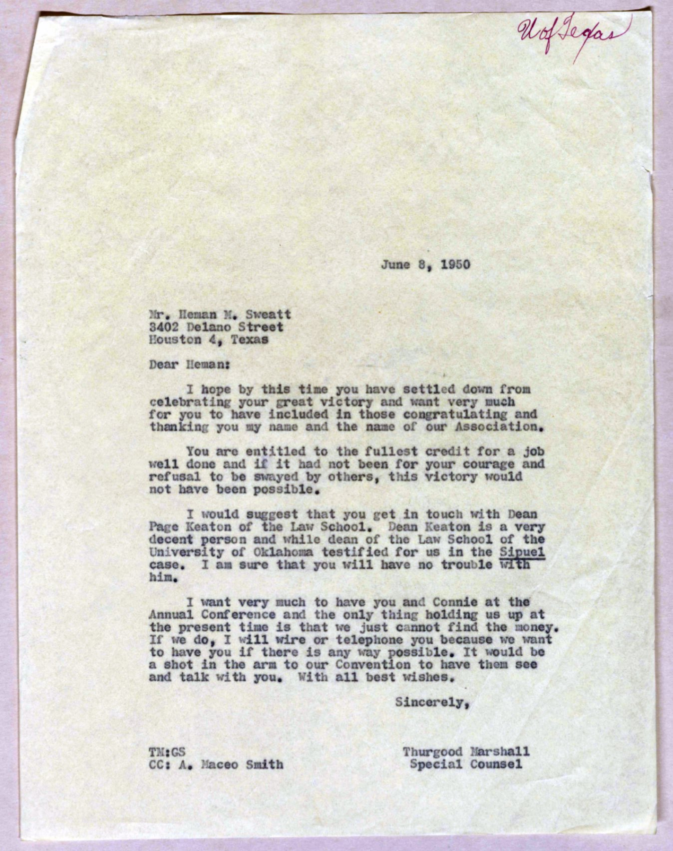 Letter from Thurgood Marshall to Heman Sweatt