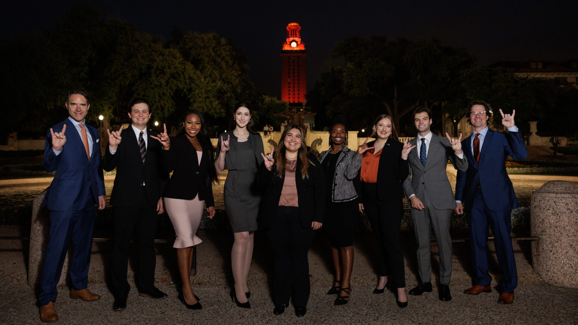 MLK Jr National Civil Rights Trial Competition winners posed in front of UT Austin Tower