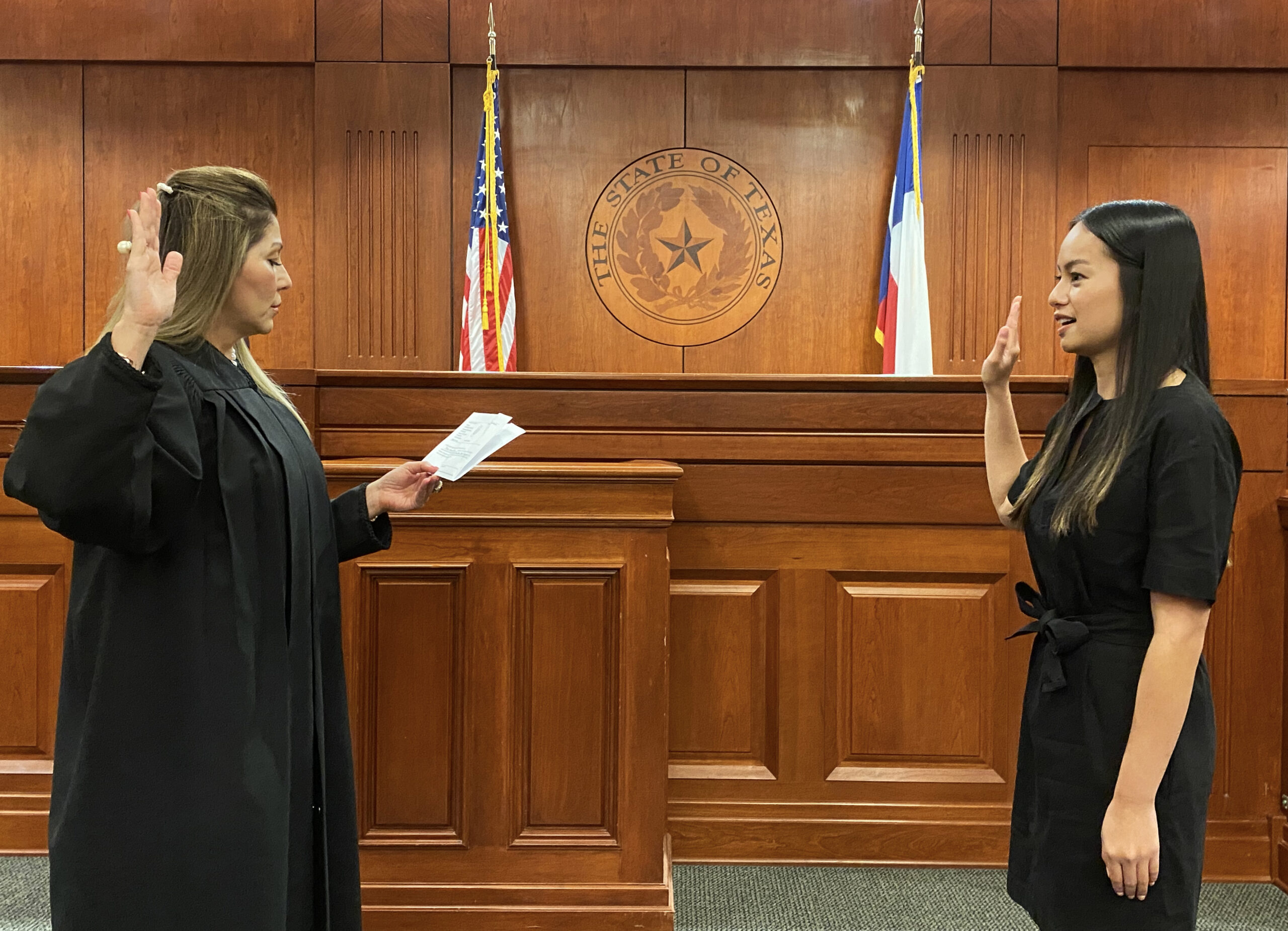 On June 26, Thuy Dan “Mimi” Nguyen '22 was sworn in as UT System Student Regent by Judge Cynthia Lafuente-Gaona BA '93.