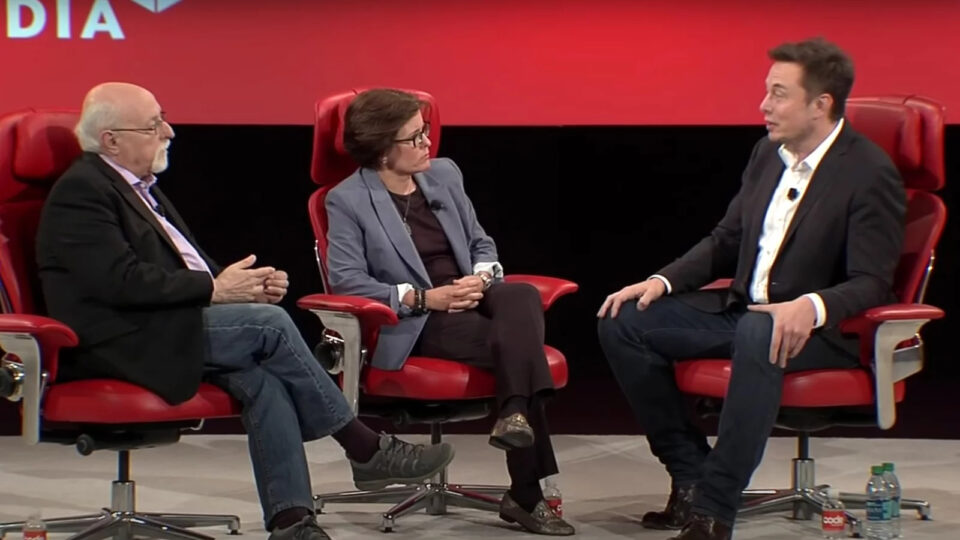 Elon Musk speaking to journalists Kara Swisher and Walt Mossberg at a conference in 2016.