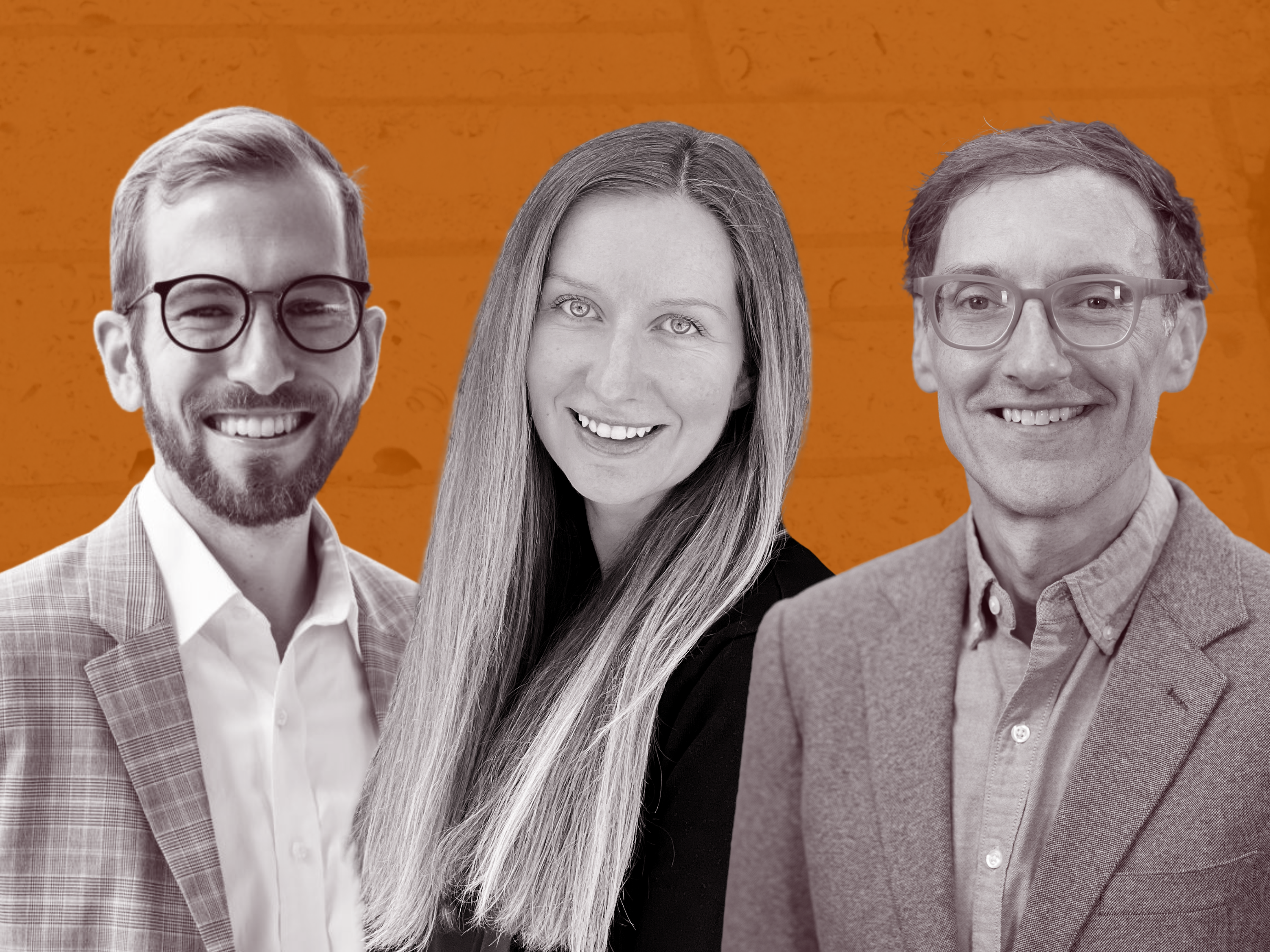 Photo in duotone orange and gray: professor Paul Gugliuzza, assistant professor Susan Yorke, and fellow Kevin Frazier. 