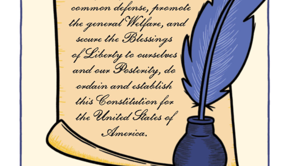 An illustrated picture of the first page of the United States Constitution, written in cursive writing with a blue feather ink pen, featured in the Harvard Gazette.
