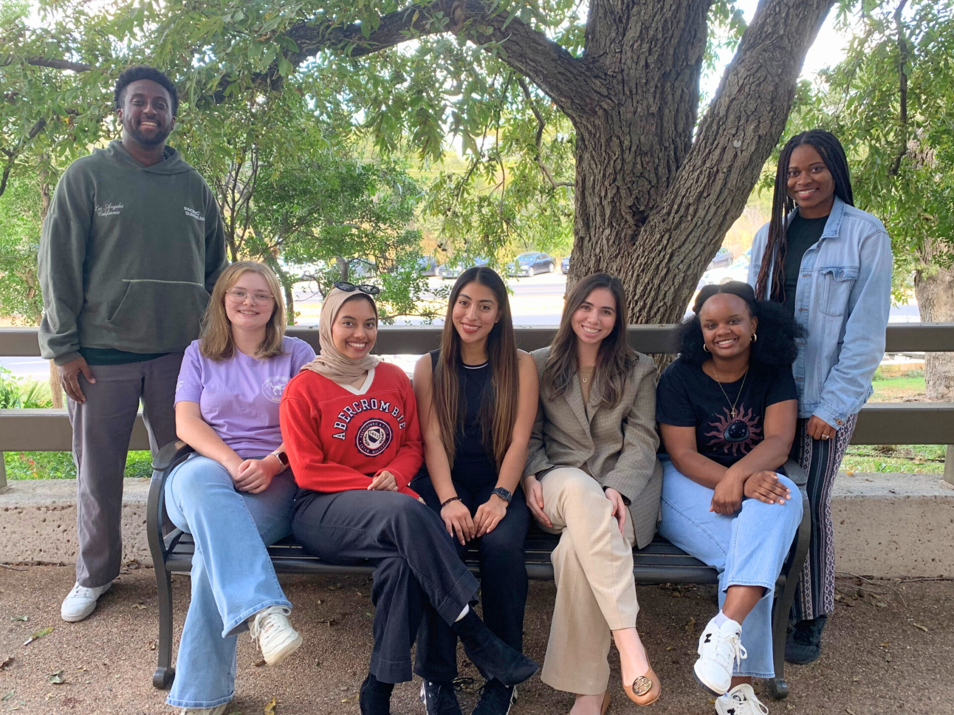 Thomas Gebremichael, Savannah Gunter, Zara Kabir, Ariana Guerrero, Maria de los Angeles Villarreal, Mya Miller, and Tochi Etufugh ’27 on the Friendship Bench.