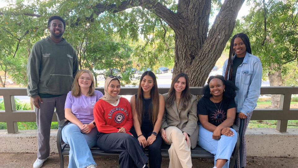 Thomas Gebremichael, Savannah Gunter, Zara Kabir, Ariana Guerrero, Maria de los Angeles Villarreal, Mya Miller, and Tochi Etufugh ’27 on the Friendship Bench.