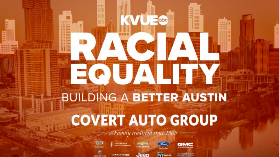 Cover photo of a KVUE video, with the Austin skyline in a faded orange as the background. The title "Racial Equality, Building a Better Austin" is bolded in the center.