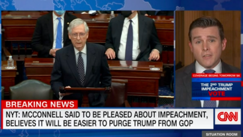 CNN News screen displaying the words "breaking news" on the left showing Mitch McConnell wearing a suit, speaking at a hearing. The right shows the CNN news reporter speaking about the 2nd Trump Impeachment.