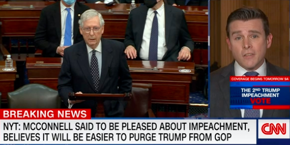 CNN News screen displaying the words "breaking news" on the left showing Mitch McConnell wearing a suit, speaking at a hearing. The right shows the CNN news reporter speaking about the 2nd Trump Impeachment.