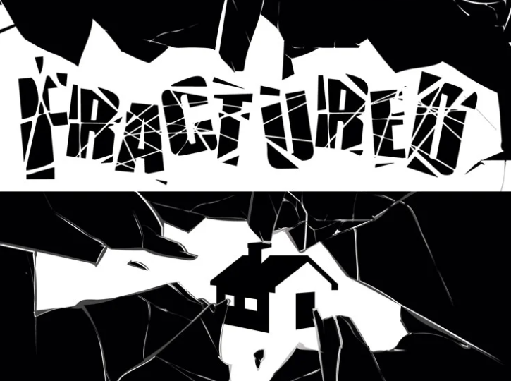 Graphic in black and white showing shattered pieces, with the top displaying the word "fractured," and the bottom displaying a house.