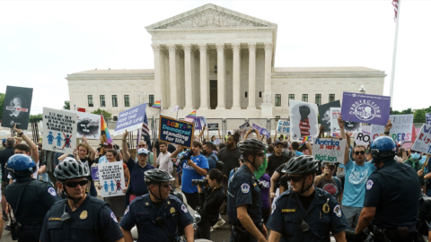 Protesters for and against abortion rights demonstrate outside the Supreme Court