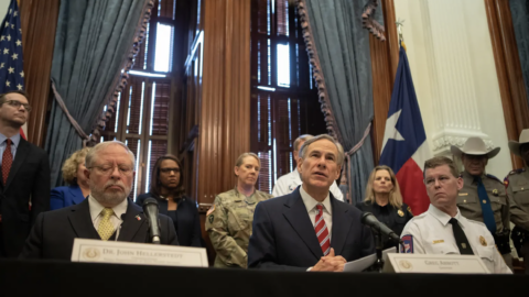 Gov. Greg Abbott declares a state of disaster in Texas amid new cases of COVID-19 in the state on March 13, 2020, at the state Capitol
